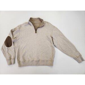 Cremieux Mens henley Sweater XL Beige Pullover 1/4 Zip Elbow patches Prep Dexter